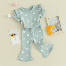 Load image into Gallery viewer, Toddler Kids Girl 2Pcs Summer Outfit Ruffle Short Sleeve Floral Flowers Print Top + Bell Bottom Pants Set Clothes
