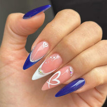 Cargar imagen en el visor de la galería, YEFIUO Press On Nails 24 Pcs Short Almond French Blue &amp; White Rhinestones
